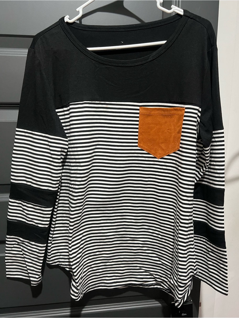 Striped Black & White Long Sleeve Top with chestnut faux suede pocket